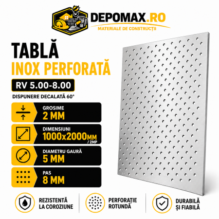 Tabla inox perforata AISI 304 RV 5.00-8.00, 2 x 1000 x 2000 mm, 2 mp